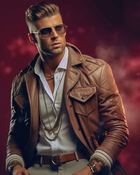 Stylish fashionable blond man in a leather jacket from famous brands. High quality photo