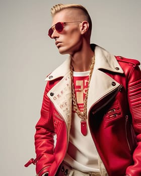 Stylish fashionable blond man wearing glasses and a red jacket from famous brands. High quality photo