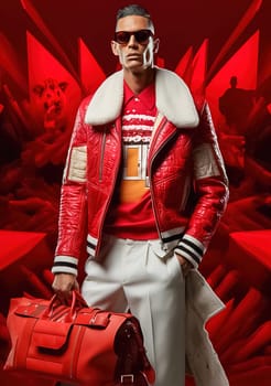 Stylish fashionable blond man wearing glasses and a red jacket from famous brands. High quality photo