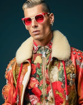 Stylish fashionable blond man wearing glasses and a red jacket from famous brands. High quality photo