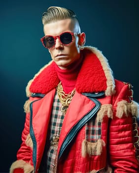Stylish fashionable blond man wearing glasses and a red jacket from famous brands. High quality photo