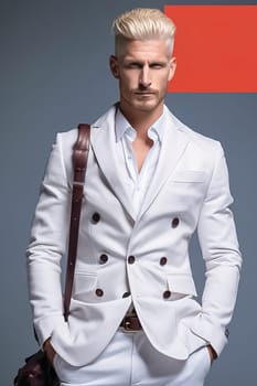 Stylish fashionable blond man in a white suit from famous brands. High quality photo