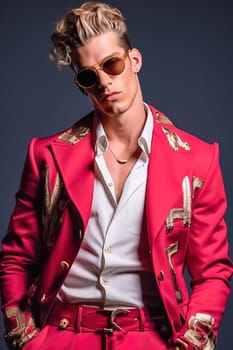 Stylish fashionable blond man in glasses and a pink suit from famous brands. High quality photo