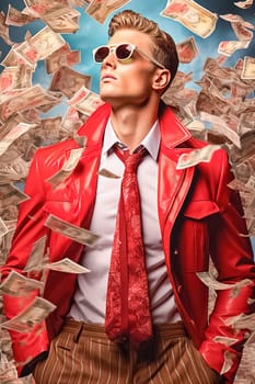Stylish fashionable blond man wearing glasses and a red jacket from famous brands. High quality photo