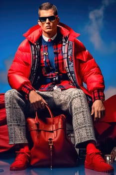 Stylish fashionable blond man wearing glasses and a red jacket from famous brands. High quality photo