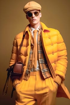 Stylish fashionable blond man wearing glasses and a yellow jacket from famous brands. High quality photo