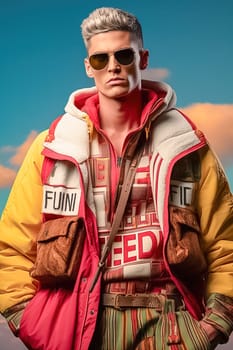 Stylish fashionable blond man wearing glasses and clothes from famous brands. High quality photo