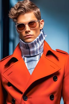 Stylish fashionable blond man in an orange coat from famous brands. High quality photo