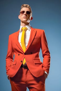 Stylish fashionable blond man in an orange suit from famous brands. High quality photo
