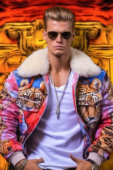 Stylish fashionable blond man wearing glasses and clothes from famous brands. High quality photo