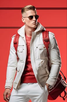 Stylish fashionable blond man wearing glasses and clothes from famous brands. High quality photo