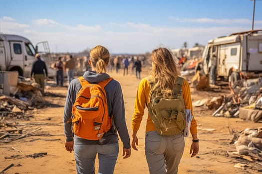 Women walk along the road to a refugee camp. High quality photo