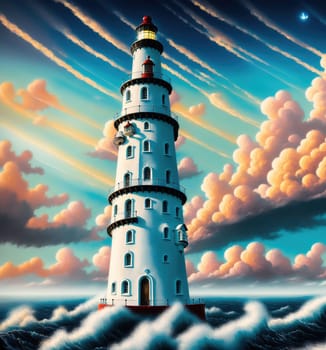 The image depicts a small lighthouse standing on a rock in the middle of the ocean, surrounded by clouds and waves.