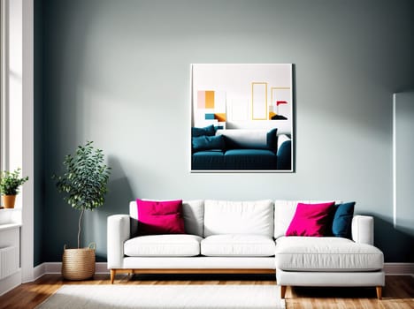 The image shows a living room with a white couch, a coffee table, and a painting on the wall.
