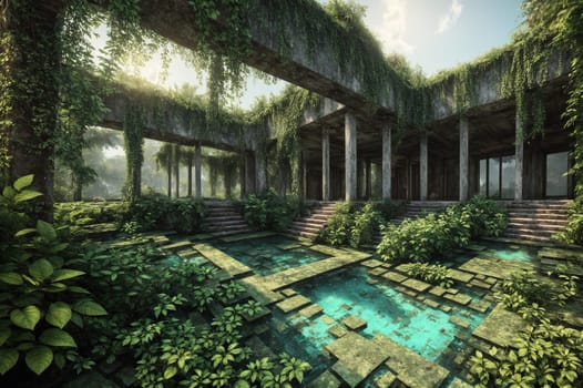 The image depicts a large, open courtyard surrounded by lush greenery and vines, with a small pond in the center.