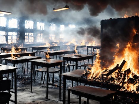 The image shows a classroom filled with desks and chairs, with flames burning in the background.