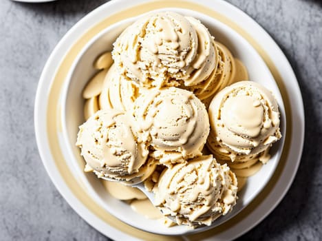 The image shows a plate of vanilla ice cream with scoops of ice cream on it.