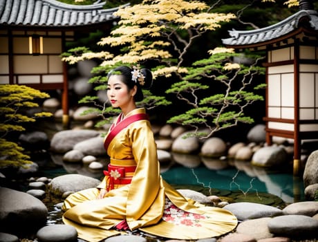 The image shows a woman in a traditional Japanese kimono sitting on a rock in a garden surrounded by bamboo and other plants.