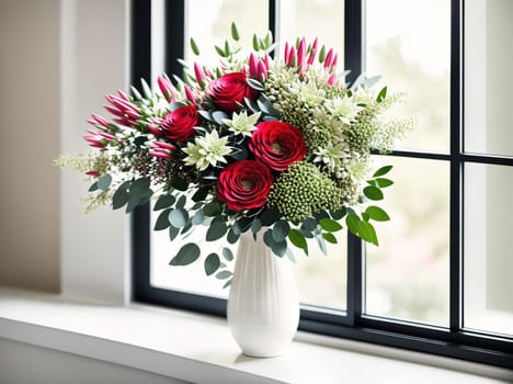 The image shows a vase of red and white flowers sitting on a windowsill in a room with a view of the outside.