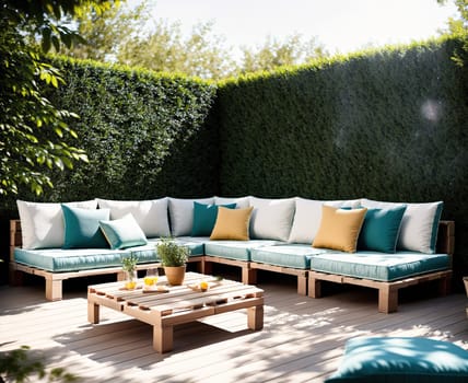 The image shows a patio area with a wooden table and chairs, a hammock, and a few plants.