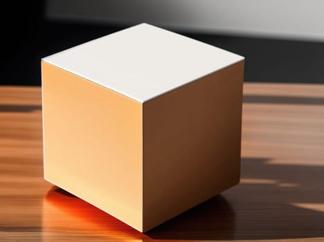 The image is a 3D rendering of a cube on a wooden table.