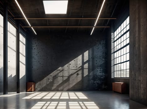 The image depicts a large, empty room with high ceilings, concrete floors, and white walls.