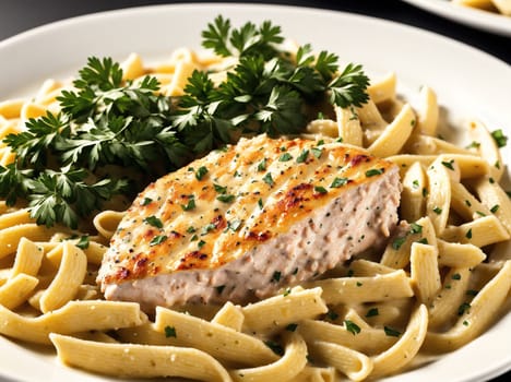 The image shows a plate of pasta with chicken and vegetables, with a side of garlic bread.
