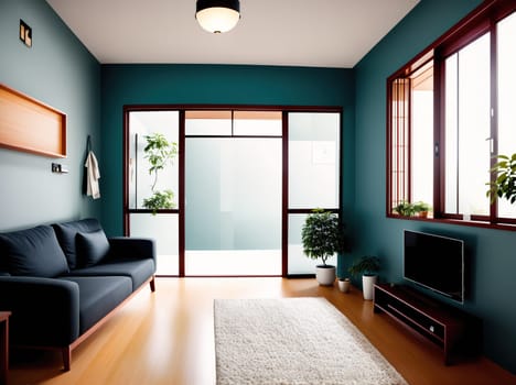 The image shows a living room with a couch, a coffee table, and a window with a view of the outside.