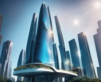 The image shows a futuristic cityscape with tall skyscrapers and sleek, modern architecture.