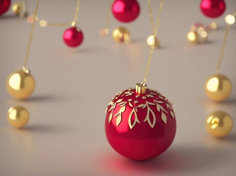 The image is a red Christmas ornament hanging from a string of gold and silver beads, surrounded by other ornaments and decorations.