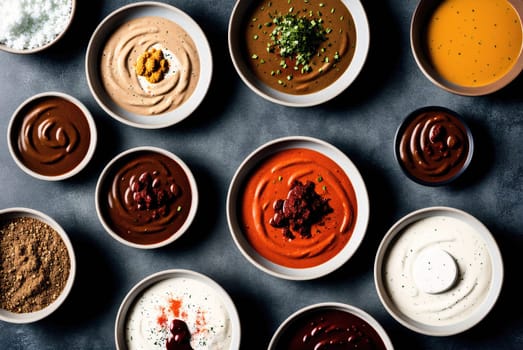 The image is a collection of different types of sauces and condiments arranged in small bowls on a grey concrete surface.