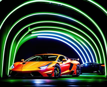 The image shows a red sports car parked in a dimly lit tunnel with neon lights shining on it.