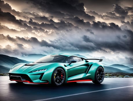 The image shows a sleek, red sports car driving down a winding road with mountains in the background.