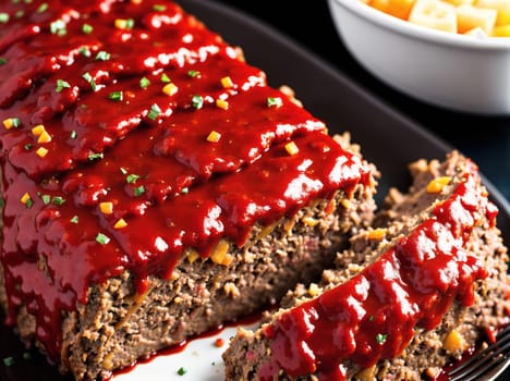 The image shows a slice of meatloaf with ketchup and cheese on top, served on a plate with a side of mashed potatoes and green beans.