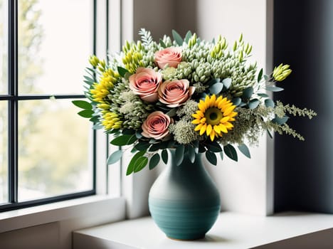 The image shows a vase of flowers sitting on a windowsill in a room with a view of the outside.