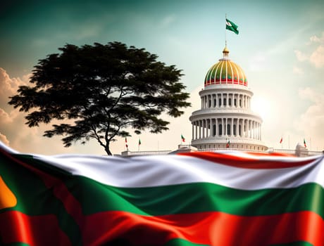 The image shows a building with a flag waving in front of it, with a clear blue sky in the background.