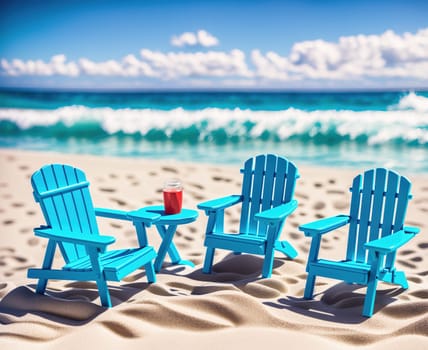 The image shows three blue plastic lawn chairs on a sandy beach with a clear blue ocean in the background.