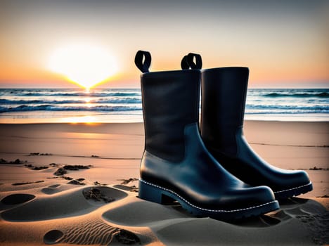 The image shows a pair of black rubber boots standing on the beach at sunset, with the ocean and sand in the background.