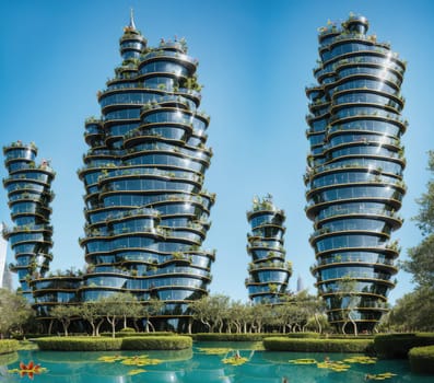 The image shows a group of tall, slender buildings with green rooftops and balconies, surrounded by a pond and trees.