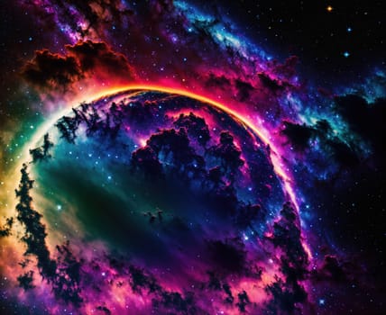 The image depicts a colorful, swirling nebula in the night sky.