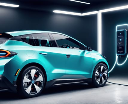 The image shows a blue electric car charging in a dimly lit garage.