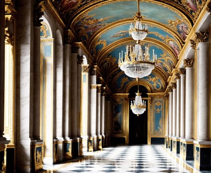 The image is a large, ornate room with high ceilings, marble floors, and chandeliers hanging from the ceiling.