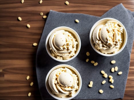 The image shows three bowls of ice cream with chocolate chips on a wooden surface.