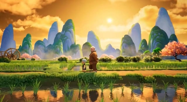 Banner: 3d render of a monk in a rice field at sunset.