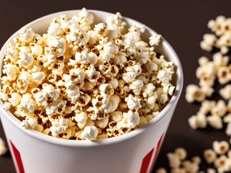 The image shows a white cup filled with popcorn, with the kernels spilling out of the top.