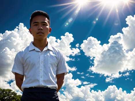 The image shows a young man standing in front of a cloudy sky, looking up at the sun.