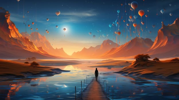 Banner: Fantasy landscape with a man and balloons in the sky. 3d rendering