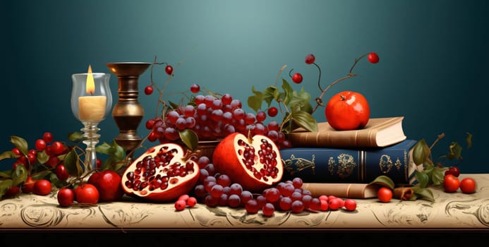 Banner: Pomegranate, books and candle on the table. 3d illustration