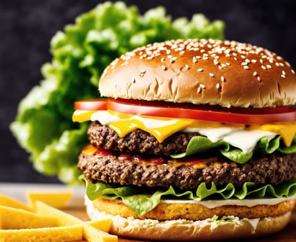 The image shows a hamburger with lettuce, tomato, cheese, and a bun on a plate with french fries and a drink.