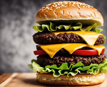 The image shows a hamburger with cheese, lettuce, and tomato on a wooden cutting board.